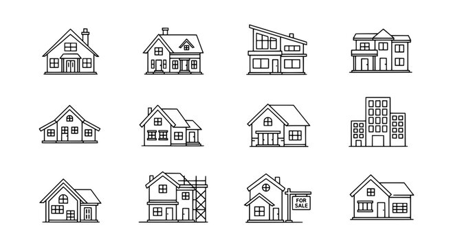 Houses line drawn set with simple black outlines and windows, including modern and traditional styles.