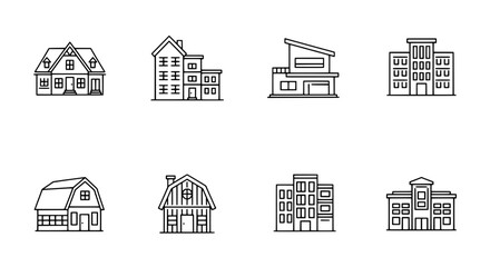 Obraz premium Buildings line drawn set with simple black outlines and windows, urban architecture icons featuring house, city, town with illustrations and