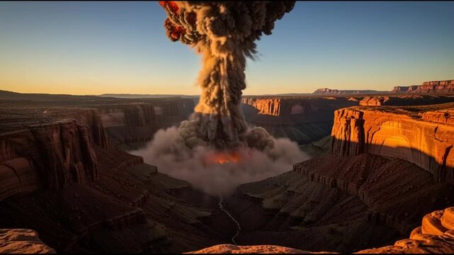 Massive explosion and shockwaves erupting in a desert canyon at sunset.
