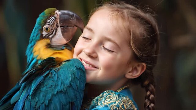 Cute Asian child girl interacts with a beautiful macaw in vibrant colors while showcasing a lovely bond in a natural setting