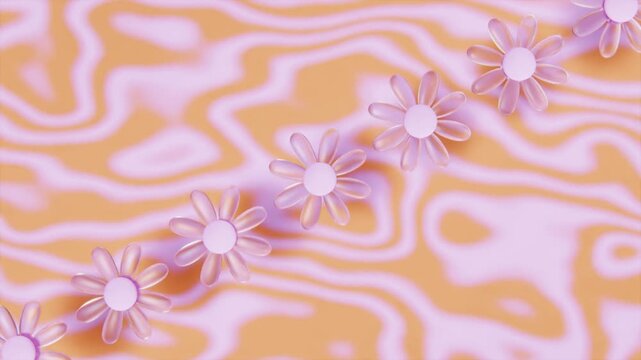 Horizontal glass flowers petals delicate whimsical abstract pattern retro groovy hippie pink pastel daisy background summer spring promo banner social media content manual 3D loop animation