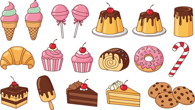 Cute sweet desserts collection with ice cream, cupcakes, donuts, cakes, cookies and candy vector illustration for bakery menu and kids design
