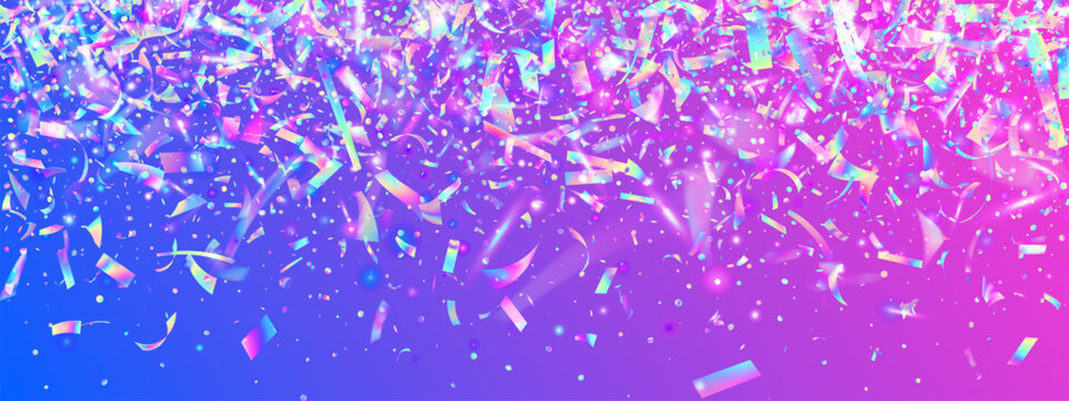 Hologram Confetti For Carnival. Crystal And Disco Flares On A Rainbow Birthday Bg. Iridescent Diamond Overlay With A Neon Glow And Sparkle. Purple And Pink Hologram Confetti