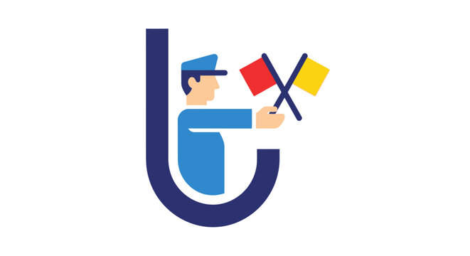 Delivery man holding traffic flags.