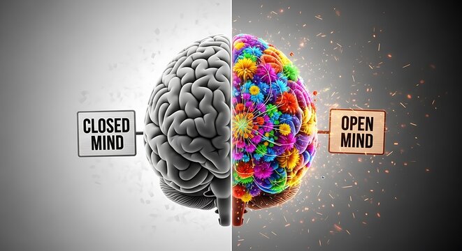 Conceptual illustration of a brain split between a closed mind and an open mind