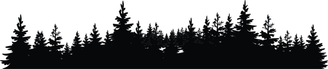 Dense pine forest silhouette with layered evergreen trees forming natural landscape scene © Masum