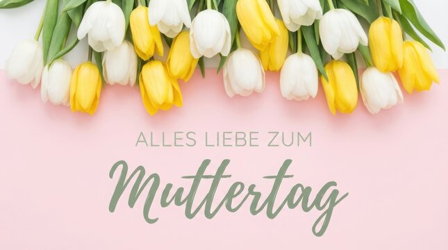 A beautiful top border arrangement of fresh white and yellow tulips resting on a soft pastel pink background with the elegant German text greeting Alles Liebe zum Muttertag written in the center.