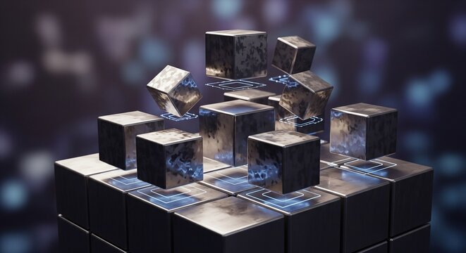 Cubes rise from a large cube structure in a dark room with blue lights