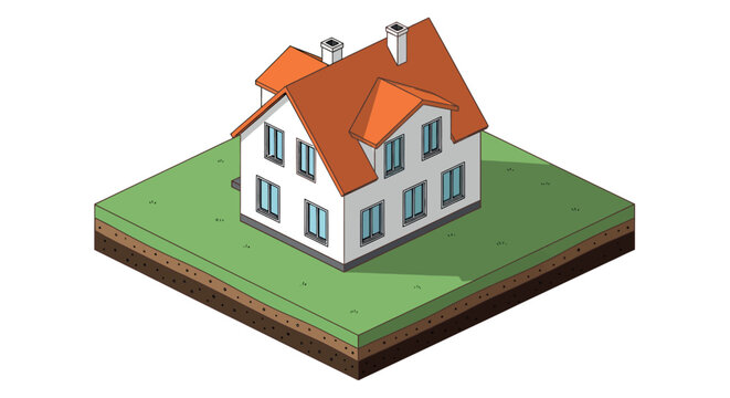 Isometric suburban house illustration with orange roof on land plot