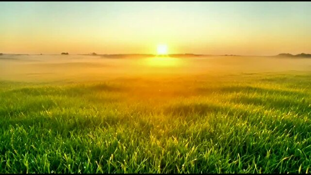 Sunrise over green grassy landscape.