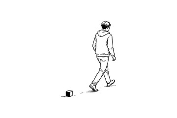 Fototapeta premium Man in hoodie walking away from a small cube on a white background