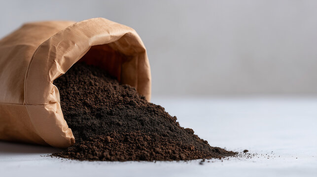 Biochar dark granules spilling from a kraft paper bag onto a white surface, a scientific label reading soil carbon amendment beside a small digital scale, clean minimal composition, sterile white ba