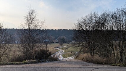 Naklejka premium Empty winding gravel road leading to a small house in a misty autumn countryside landscape