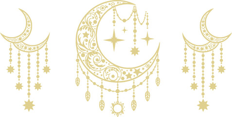 Beautiful gold crescent moon with stars and beads hanging, celestial decoration, mystical boho design, night sky element, magic shimmer. vector illustration © MstSahida