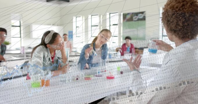 Teacher donning goggles, lifting blue beaker, demonstrating lab experiment with data overlaying