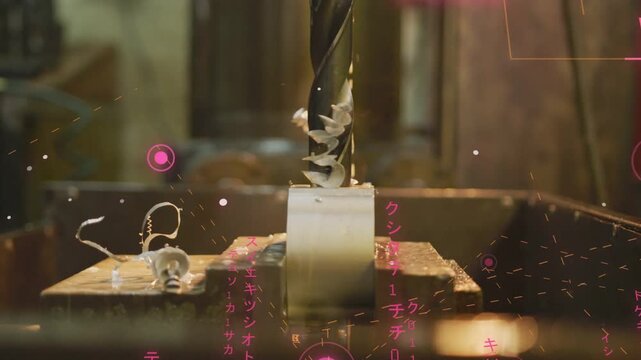 Rotating twist drill feeding into clamped metal block, machining hole while pink HUD showing chips