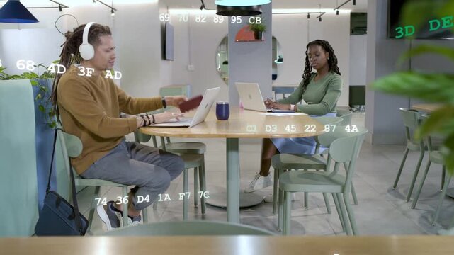 Man reaching into bag, picking up smartphone checking work, woman typing, tech hex codes floating
