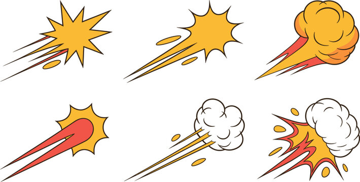 Comic book explosion and speed effect collection with comic bubbles smoke clouds and fast movement lines for action art. vector illustration