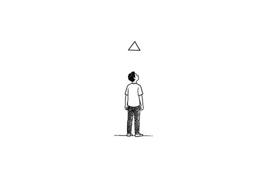 Minimalist drawing of a person looking up at a triangle against a white background