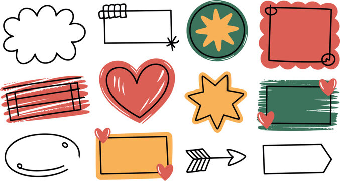 Hand drawn doodle shapes and icons, speech bubble, heart, frames, arrow, scribbled elements, colorful sketch style. vector illustration