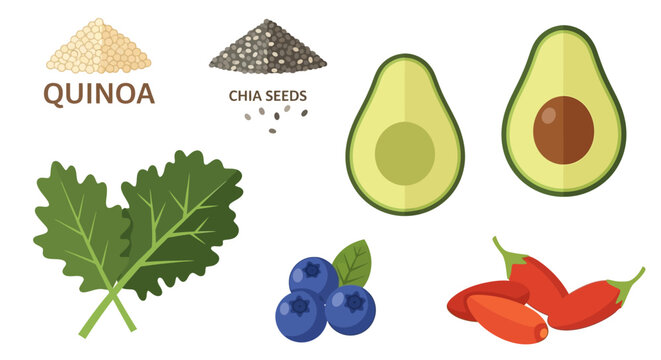 Assorted superfood illustration with avocado kale quinoa chia blueberries and goji.