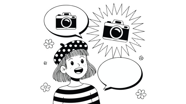 A girl with cameras is talking in a comic style illustration.