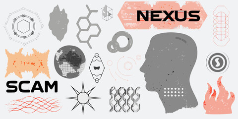 Abstract illustration featuring a human profile geometric shapes and bold text