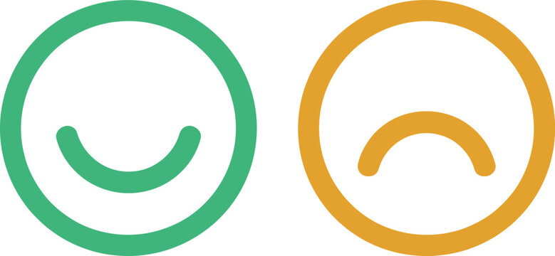 Green happy and yellow sad circular emoticons showing positive and negative emotions for user feedback systems