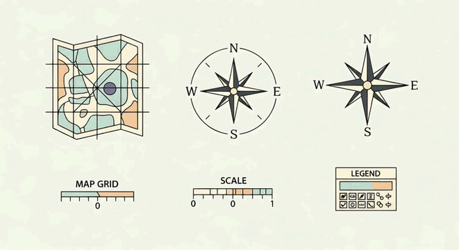 Collection of cartography icons including map grid, scale, legend, and compass rose symbols on a light background