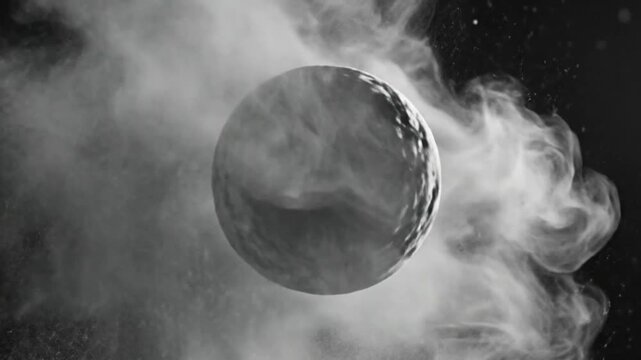 Black and white explosion revealing a detailed sphere of smoke with particulate matter against dark background