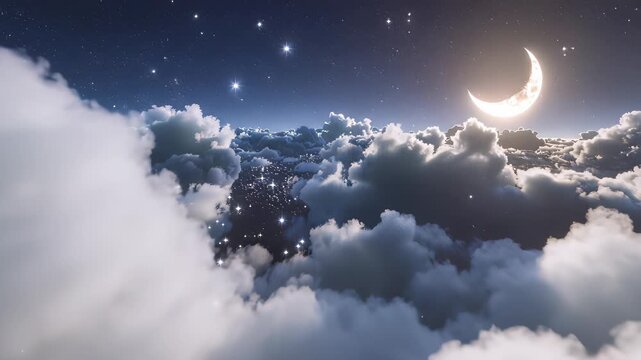 Magical Crescent Moon and Sparkling Stars Above Fluffy Clouds in a Dreamy Night Sky
