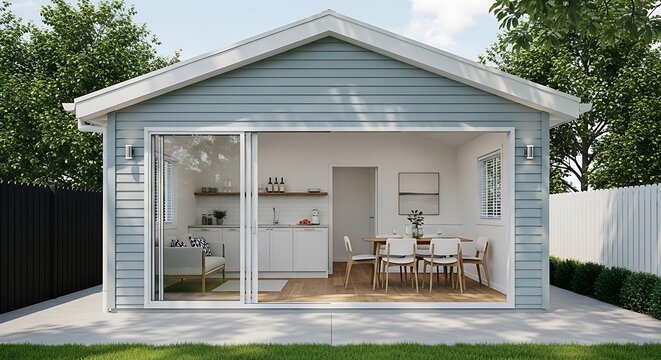 Modern backyard studio or granny flat with open sliding glass doors, light blue siding, and minimalist interior design in a garden setting
