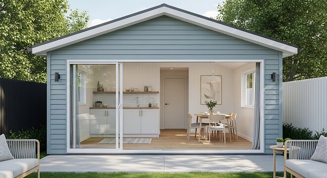 Modern backyard studio cabin with open sliding glass doors and kitchen dining area