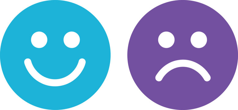 Happy blue and sad purple circular icons representing contrasting human emotions and positive negative feedback choices