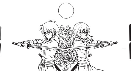 Fototapeta premium Fantasy, anime-style warriors, medieval, illustration, vector graphics, black and white