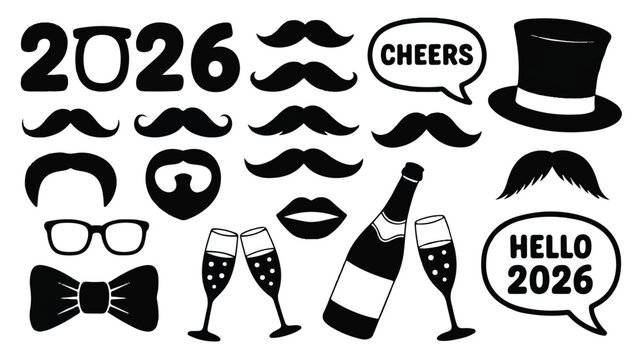Black and white silhouette collection of New Year 2026 party props, featuring mustaches, hats, glasses, and champagne