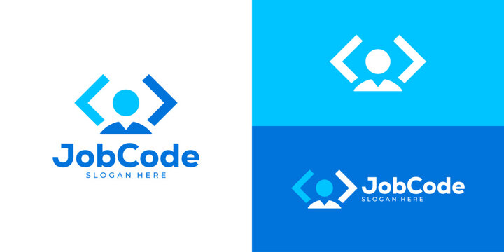 Creative simple job code logo template. Abstract people user with code symbol logo design vector illustration.