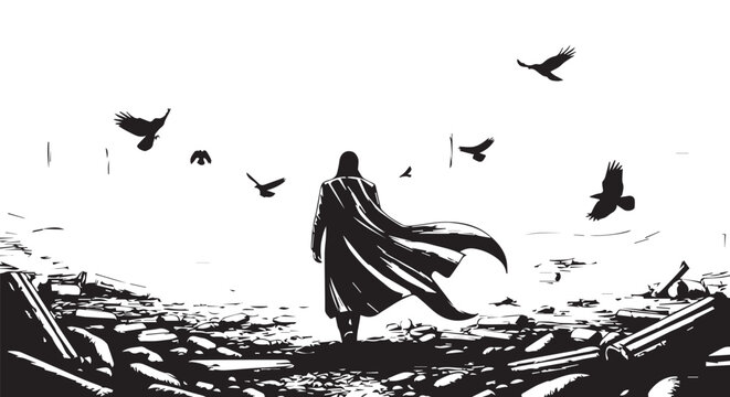 Dramatic silhouette, apocalyptic landscape, dark figure, flying birds, destruction scene