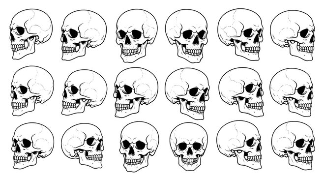 Skull outline icon set with hand-drawn style and hollow eyes for horror, anatomy, tattoos, and Halloween designs