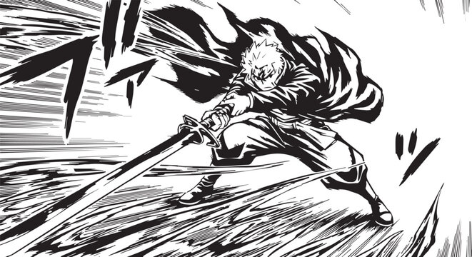 Dynamic samurai warrior, manga style, black and white, action pose, sword fighting
