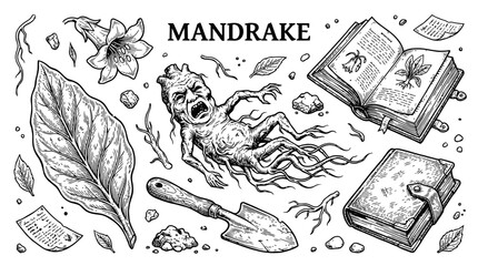 Fototapeta premium Vintage engraving style vector illustration of a mystical screaming mandrake root surrounded by alchemical books, botanical leaves, flowers, and garden tools in black and white line art.