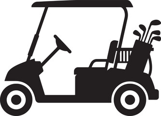 Black silhouette of a golf cart with clubs in a bag, side view, on a white background, also transparent background © PixelSaga MH2 