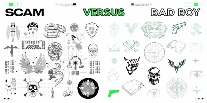 Collage of sketches contrasting scam and bad boy imagery