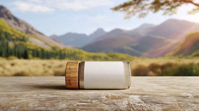 Glass jar with a bamboo lid and blank label placed on a wooden table, surrounded by a scenic mountain landscape and lush greenery in the background