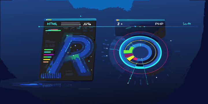 Abstract digital illustration showcasing programming languages and code interfaces