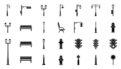 Street light and city furniture icon set with lamp post, bench, traffic light, fire hydrant and bollard vector silhouettes. © Shahnaz