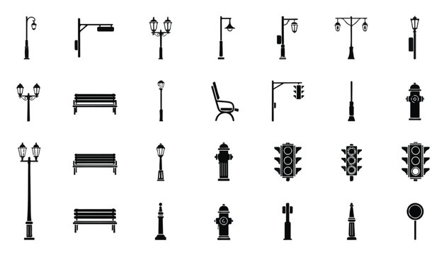 Street light and city furniture icon set with lamp post, bench, traffic light, fire hydrant and bollard vector silhouettes.