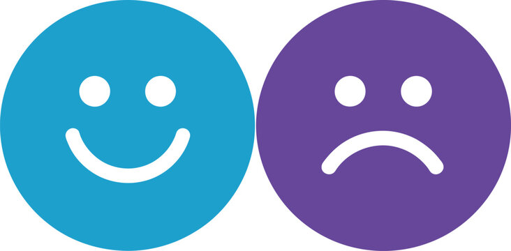 Blue smiley face representing joy and purple unhappy face showing sadness for contrasting emotional mood assessment