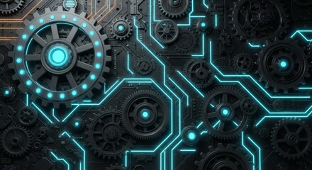 Fototapeta premium A futuristic circuit board with glowing blue lines and gears.