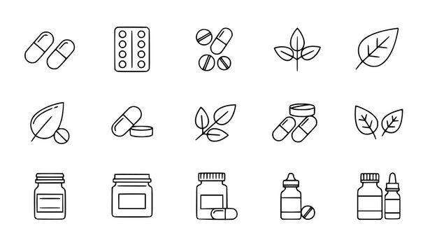Food supplement line icon set vector herbal vitamin minimalist outline icons